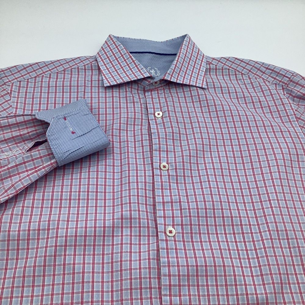 Bugatchi Mens Long‎ Sleeve Button Up Shirt Pink Checkered Size 16 34/35